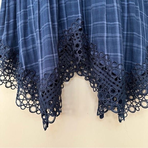 Anthropologie’s Akemi Kin Sz 2 Cottagecore Dress Navy Blue Plaid Codie Lace - Picture 16 of 16